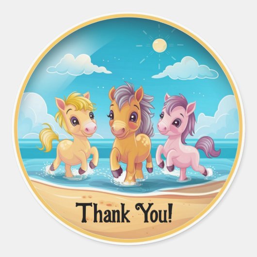 Personaliseer Naam Schattigee pony's op strand Ronde Sticker (Voorkant)