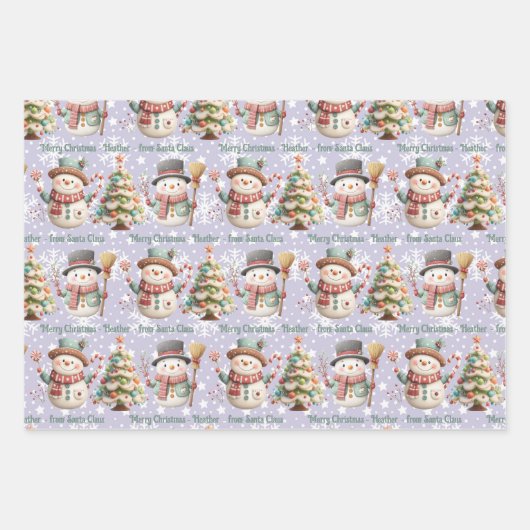 Personaliseer Naam Snowman Pastel Kleuren Kerst Inpakpapier Vel (Voorkant 2)