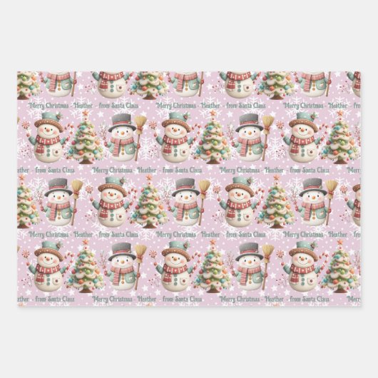 Personaliseer Naam Snowman Pastel Kleuren Kerst Inpakpapier Vel (Voorkant)