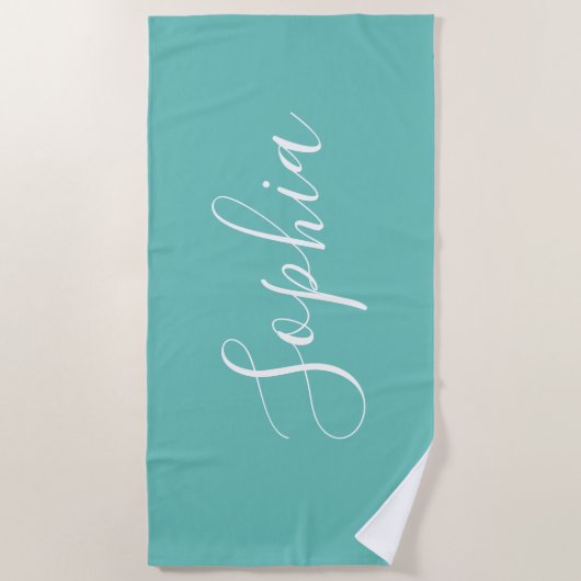 Personaliseer Naam Wit Script Verticaal, Licht Tea Strandlaken (Voorkant)