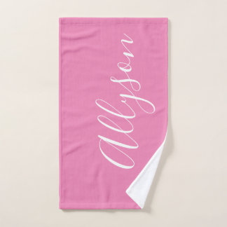 Personaliseer Naam Wit Script Verticaal, Roze Handdoek