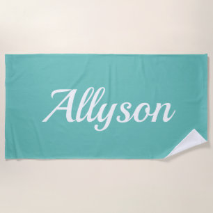 Personaliseer Naam, Witte Script / Turquoise Strandlaken