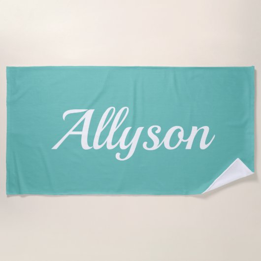Personaliseer Naam, Witte Script / Turquoise Strandlaken (Voorkant)