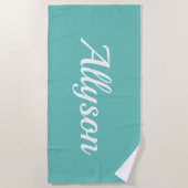Personaliseer Naam, Witte Script / Turquoise Strandlaken (Voorkant)
