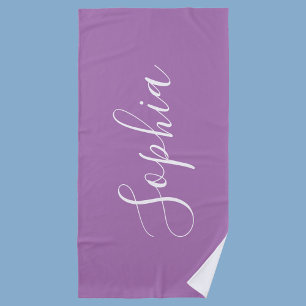 Personaliseer Naam Witte Script Verticaal, Lavende Strandlaken