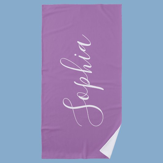 Personaliseer Naam Witte Script Verticaal, Lavende Strandlaken
