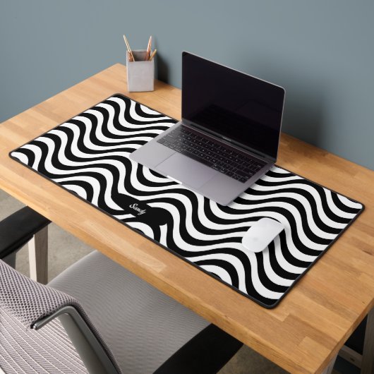 Personaliseer Naam Zwart Wit Wavy Stripes Hypnotic Bureaumat (Kantoor 2)