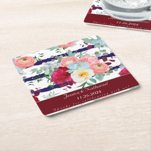 Personaliseer Navy White Stripe Style Mixed Bouque Kartonnen Onderzetters (Schuin)