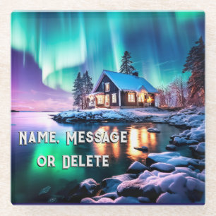 Personaliseer Northern Lights Rustiek, Cabin Onder Glazen Onderzetter