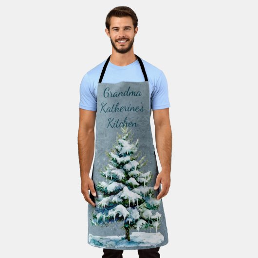 Personaliseer Oma's Winter Snowy Spruce Tree Schort (Gedragen)