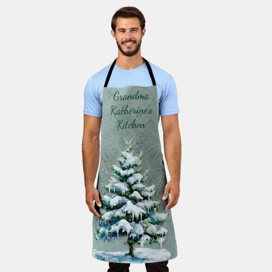 Personaliseer Oma's Winter Snowy Spruce Tree Schort (Gedragen)