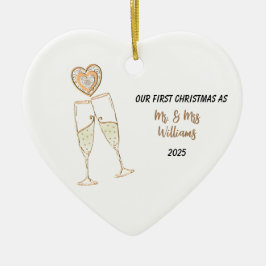 Personaliseer onze eerste kerst hart & champagne keramisch ornament