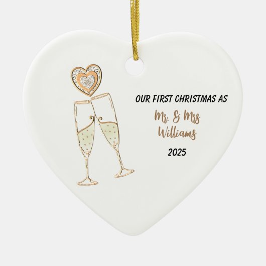 Personaliseer onze eerste kerst hart & champagne keramisch ornament (Voorkant)