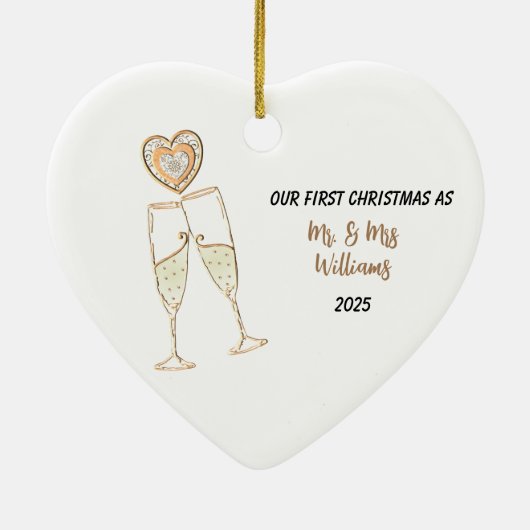Personaliseer onze eerste kerst hart & champagne keramisch ornament (Achterkant)