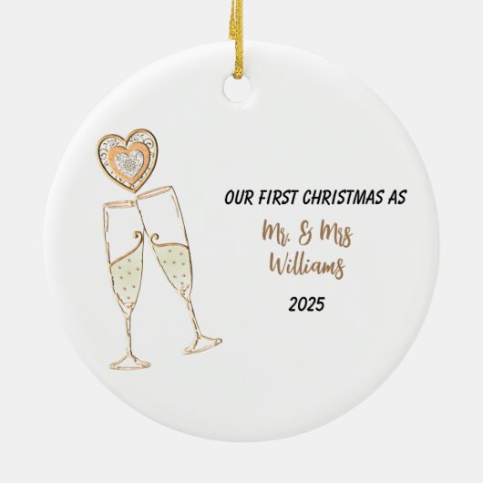 Personaliseer onze eerste kerst hart & champagne keramisch ornament (Achterkant)