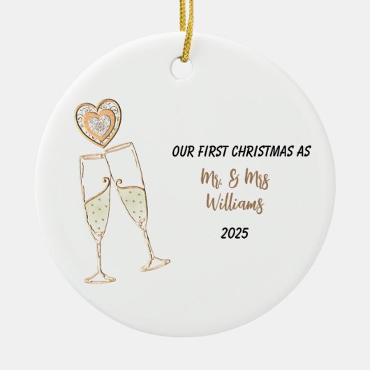 Personaliseer onze eerste kerst hart & champagne keramisch ornament (Voorkant)