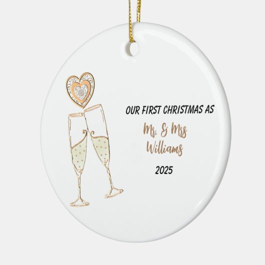 Personaliseer onze eerste kerst hart & champagne keramisch ornament (Links)