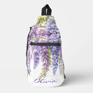 Personaliseer paarse waterverf wisteria floral sling bag