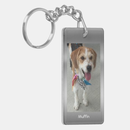 Personaliseer Pet Foto & Namen Faux Metallic Zilve Sleutelhanger (Voorkant Links)