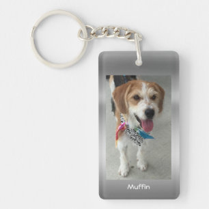 Personaliseer Pet Foto & Namen Faux Metallic Zilve Sleutelhanger