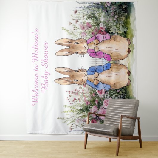 Personaliseer Peter en Flopsy Baby shower EXTRA LG Wandkleed (In situ)