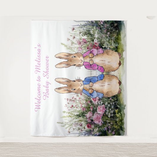 Personaliseer Peter en Flopsy Baby shower EXTRA LG Wandkleed (Voorkant)