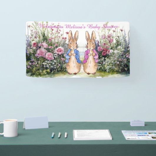 Personaliseer Peter en Flopsy Baby shower Spandoek (Beurs)