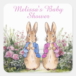 Personaliseer Peter en Flopsy Baby shower Voeg Naa Vierkante Sticker