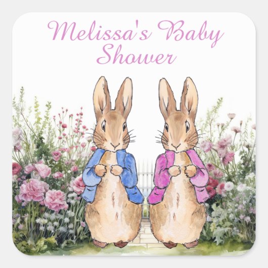 Personaliseer Peter en Flopsy Baby shower Voeg Naa Vierkante Sticker (Voorkant)