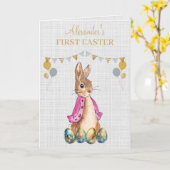 Personaliseer Peter Flopsy Eerste paasgroet Kaart (Gele Bloem)