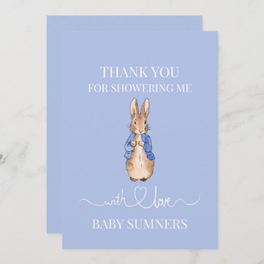Personaliseer Peter het konijn Baby shower Dank u Bedankkaart (Voorkant / Achterkant)