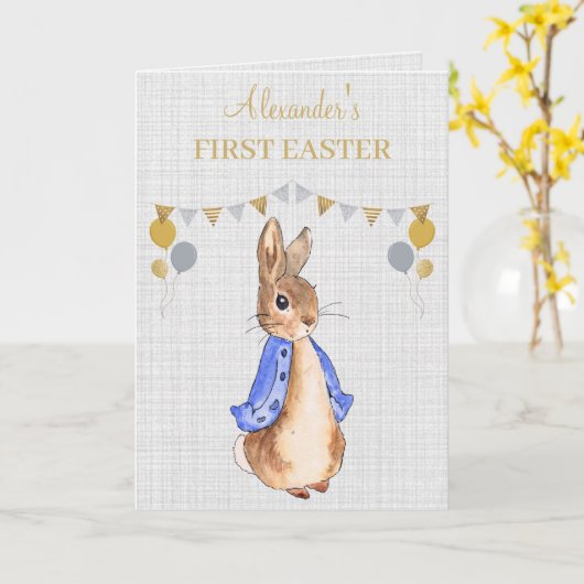 Personaliseer Peter het konijn Eerste Pasen groet Kaart (Gele Bloem)