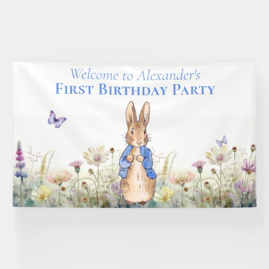 Personaliseer Peter het konijn Eerste Verjaardagsf Spandoek (Horizontaal)