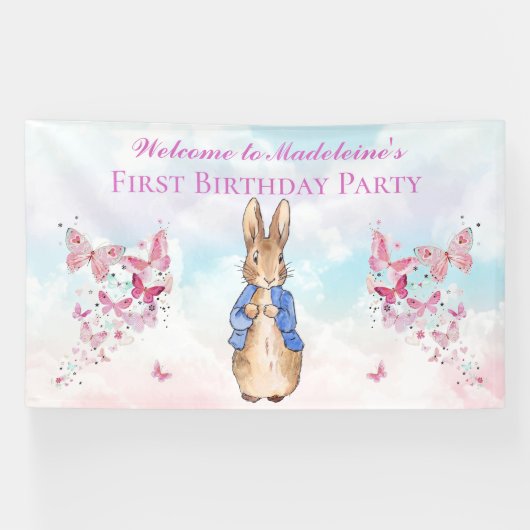 Personaliseer Peter het konijn Eerste Verjaardagsf Spandoek (Horizontaal)