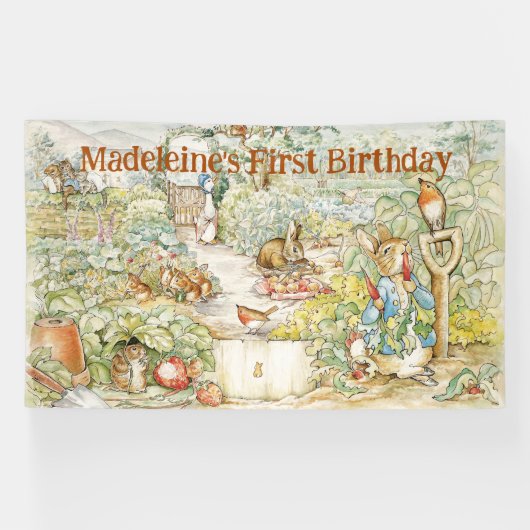 Personaliseer Peter het konijn Eerste Verjaardagsf Spandoek (Horizontaal)