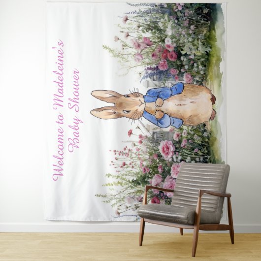 Personaliseer Peter het konijn in tuin baby shower Wandkleed (In situ)