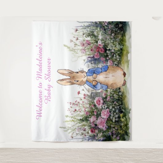 Personaliseer Peter het konijn in tuin baby shower Wandkleed (Voorkant)