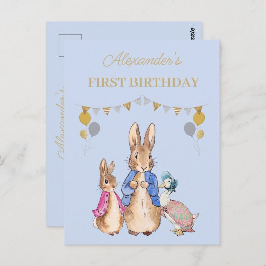 Personaliseer Peter konijn 1e verjaardagsuitnodigi Briefkaart (Voorkant / Achterkant)