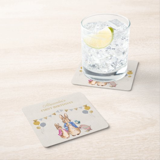Personaliseer Peter konijn beige linnen 1e verjaar Kartonnen Onderzetters (Insitu)