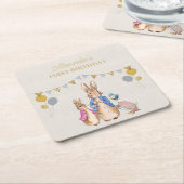 Personaliseer Peter konijn beige linnen 1e verjaar Kartonnen Onderzetters (Schuin)