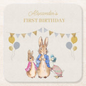 Personaliseer Peter konijn beige linnen 1e verjaar Kartonnen Onderzetters (Voorkant)