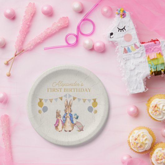 Personaliseer Peter konijn beige linnen 1e verjaar Papieren Bordje (Feest)