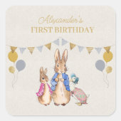 Personaliseer Peter konijn beige linnen 1e verjaar Vierkante Sticker (Voorkant)