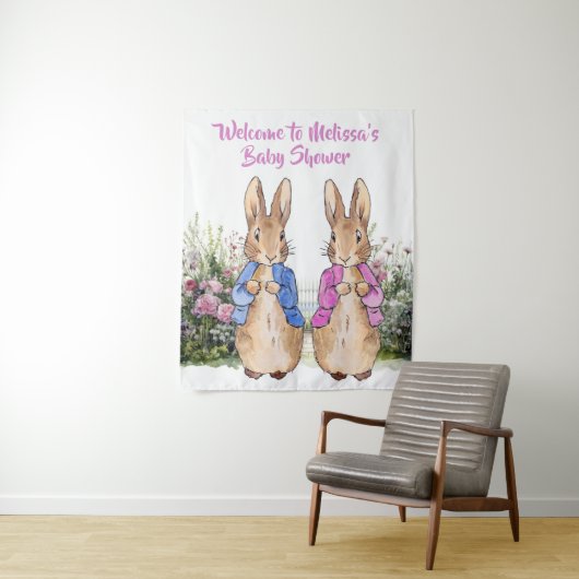 Personaliseer Peter konijn en Flopsy Baby shower Wandkleed (In situ)