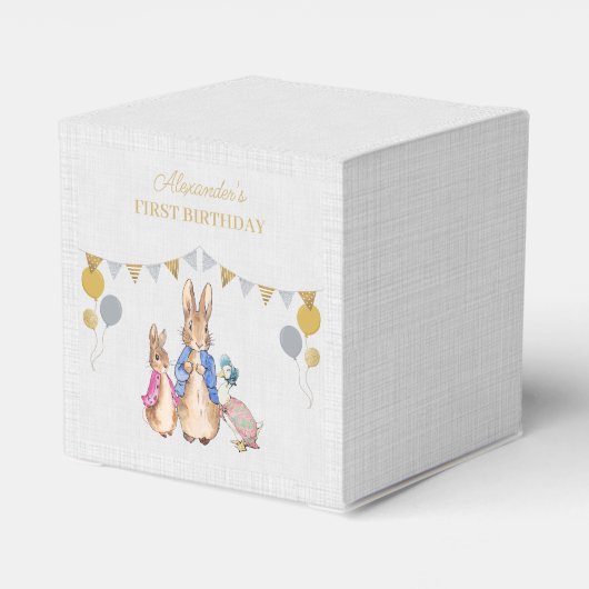Personaliseer Peter konijn grijs linnen 1e verjaar Bedankdoosjes (Achterkant)