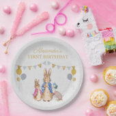 Personaliseer Peter konijn grijs linnen 1e verjaar Papieren Bordje (Feest)