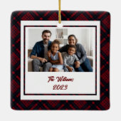 Personaliseer Prettig Kerstfeest Rood Geruit Keramisch Ornament (Achterkant)
