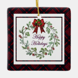 Personaliseer Prettig Kerstfeest Rood Geruit Keramisch Ornament