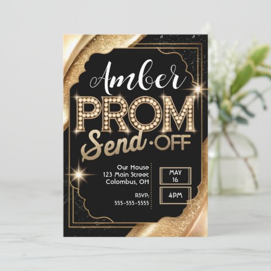 Personaliseer PROM SEND-OFF Sparkling Zwart en Gou Kaart (Staand voorkant)