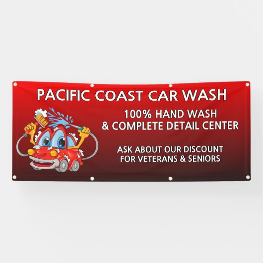 Personaliseer Red Car Wash Comical Toon Business Spandoek (Horizontaal)